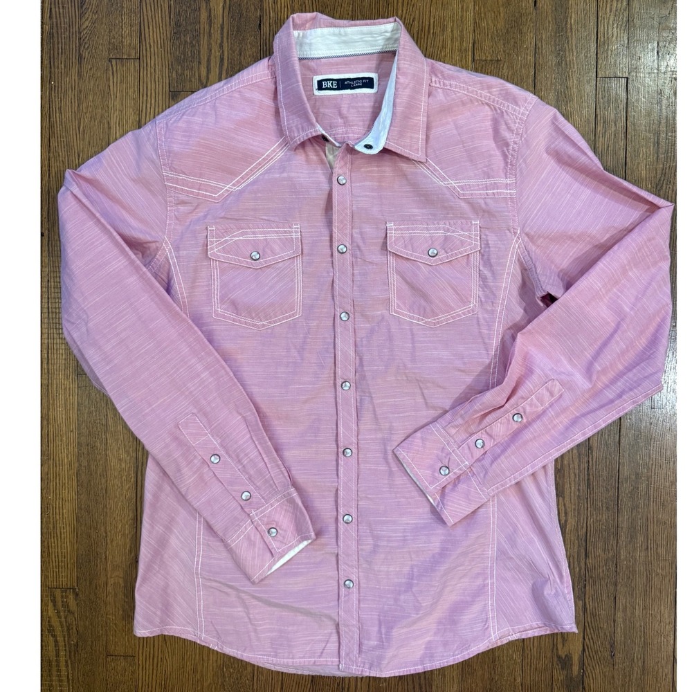 BKE Mens Athletic Fit Western Pearl Snap Shirt Pink Slub Textured Large